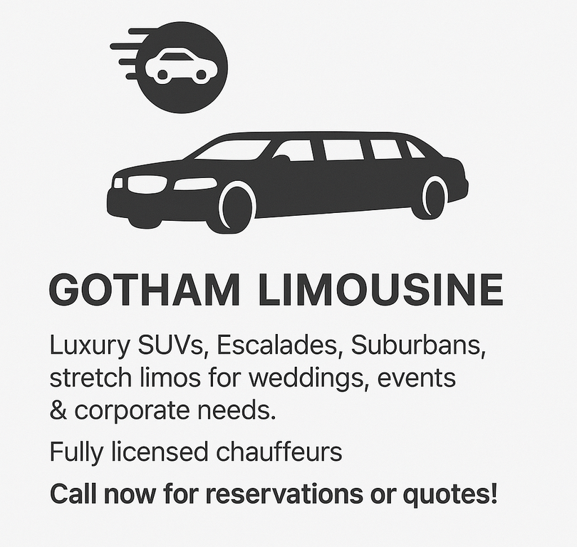 Gotham Limousine—luxury SUVs, Escalades, Suburban's, stretch limos for weddings, events & corporate needs. Fully licensed chauffeurs. Call now for reservations or quotes,&nbsp;(212) 729‑7001.