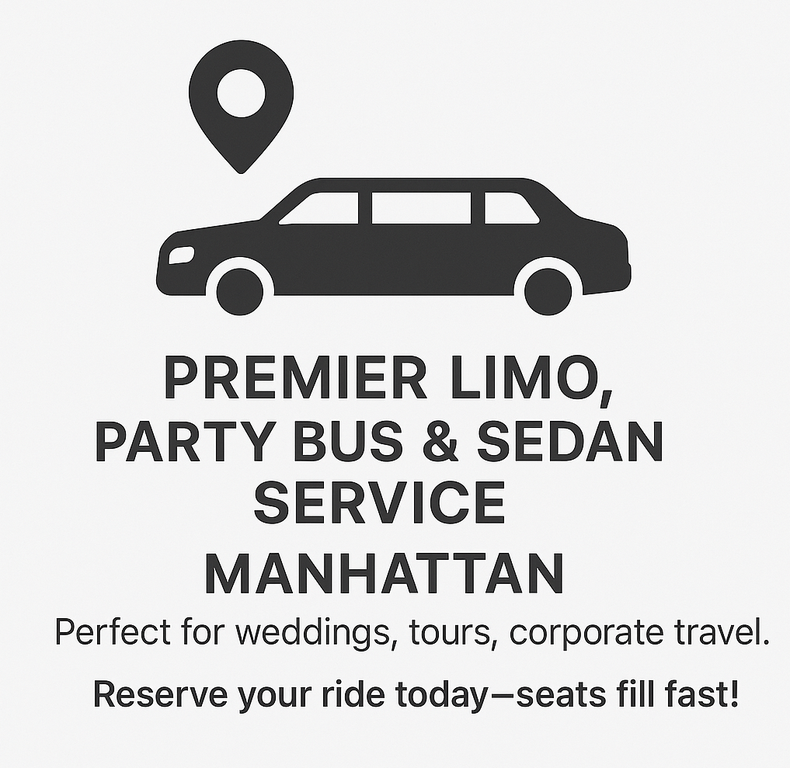  Commercial Vehicles Start Date:  Thursday, June 25, 2026 Duration: 16 Weeks Ad Text:&nbsp;Premier limo, party bus & sedan service in Manhattan. Perfect for weddings, tours, corporate travel. Reserve your ride today—seats fill fast! Contact details: (212)‑682‑2818.