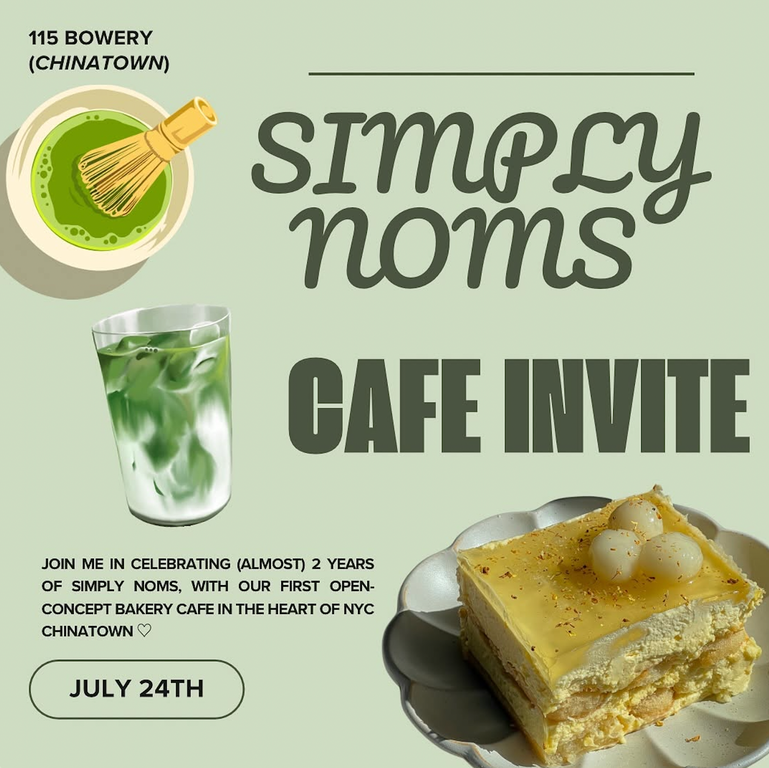 Simply Noms Pop-up Thursday, July 24, 2025, 12:00 PM&nbsp;- 7:00 PM.&nbsp;After 2 years of running her small-batch home bakery, Anna is celebrating Simply Nom’s birthday with her first-ever cafe concept at The Hub. While this is an open event, priority will be given to those who are on our Partiful RSVP list. Welcome to Chinatown, 115 Bowery New York, NY, 10002, United States.